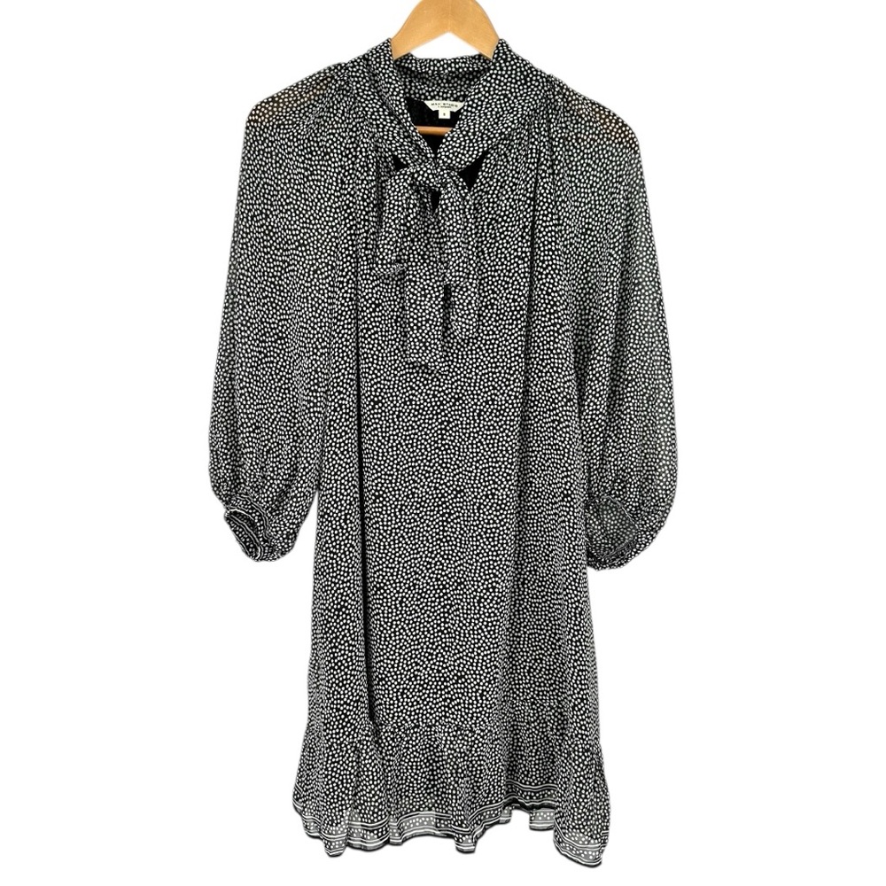 Max Studio Tie Neck Polka Dot Dress size Small Black White 3/4 Sleeves